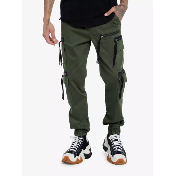 Hot Topic Zipper Cargo Pocket Jogger Pants Utility Elastic Waist Olive Green XL - Picture 1 of 10